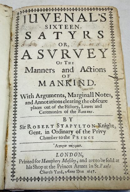Juvenal's sixteen satyrs, or, A survey of the manners and actions of mankind : with arguments, marginall notes, and annotations clearing the obscure places out of the history, lawes, and ceremonies of the Romans - Image 4