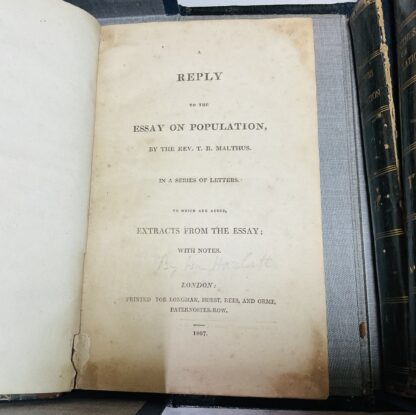 An Essay on the Principles of Population; or, a View of its Past and Present Effects on Human Happiness; With an Inquiry Into Our Prospects Respecting the Future Removal or Mitigation of the Evils Which it Occasions : With  [William Hazlitt] Reply to the Essay on Population by the Rev. T.R. Malthus, In a series of letters. To which are added, Extracts from the Essay; with notes. [Three Volume set in a custom clamshell box] - Image 5